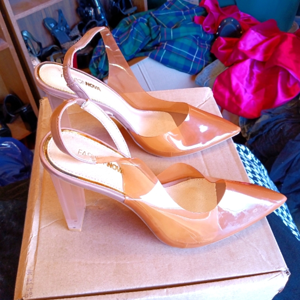Brown transparent slingback heels